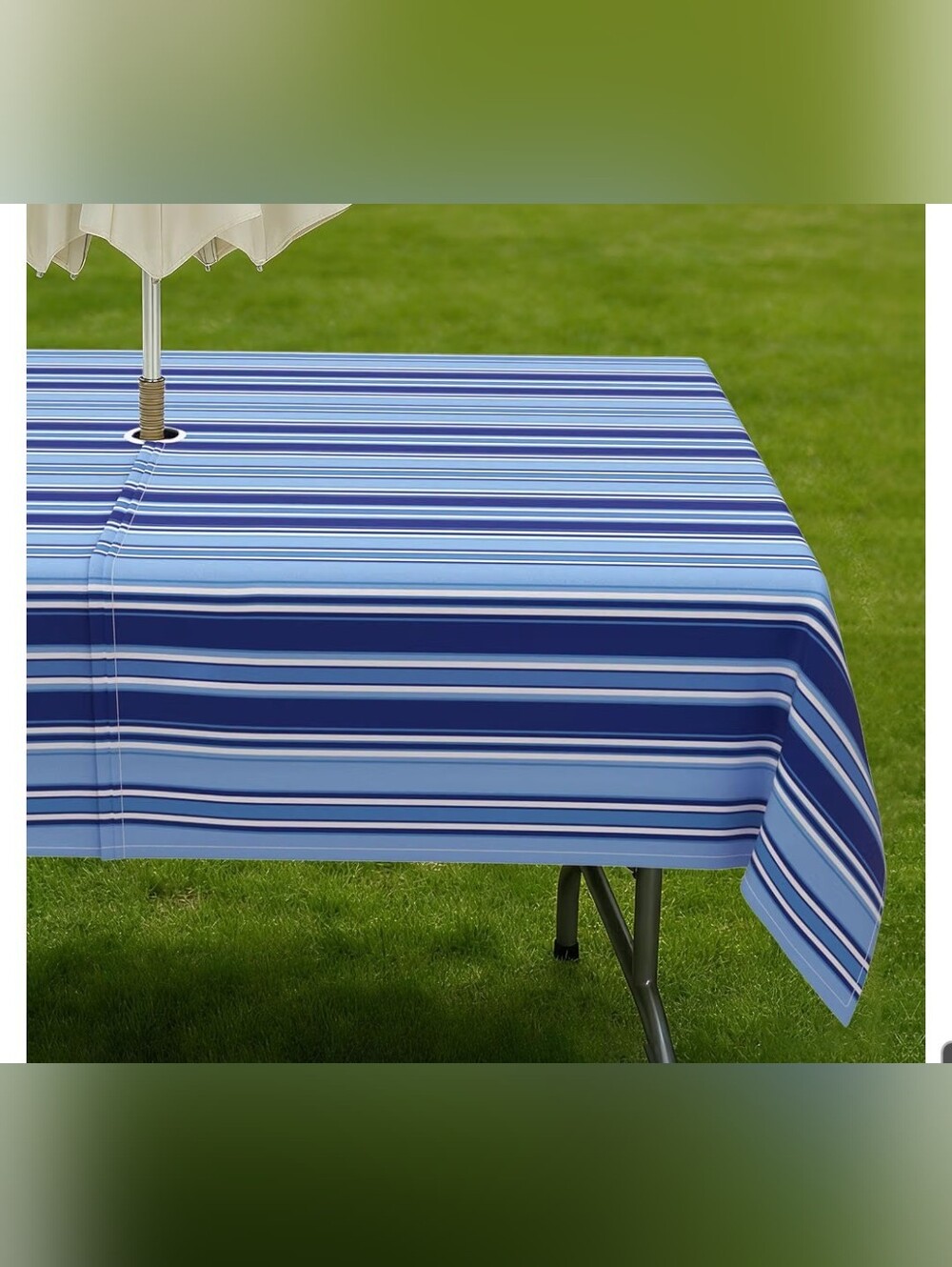 Striped Blue Outdoor Tablecloth with Umbrella Hole 120 X 60 Rectangular